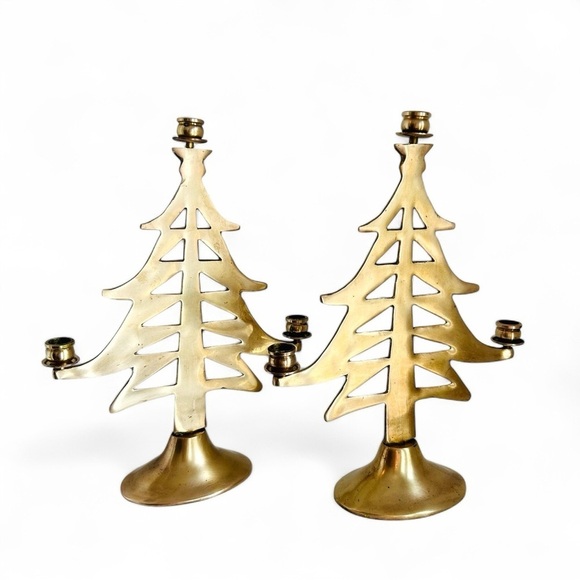 HOLLY + FERN Vintage Brass Christmas Tree Candelabras (set of 2) - Picture 4 of 5